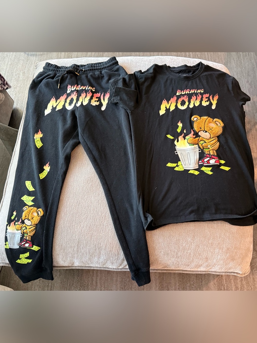 Retro Label Burning Money Bear Men’s Graphic Tee & Jogger Set